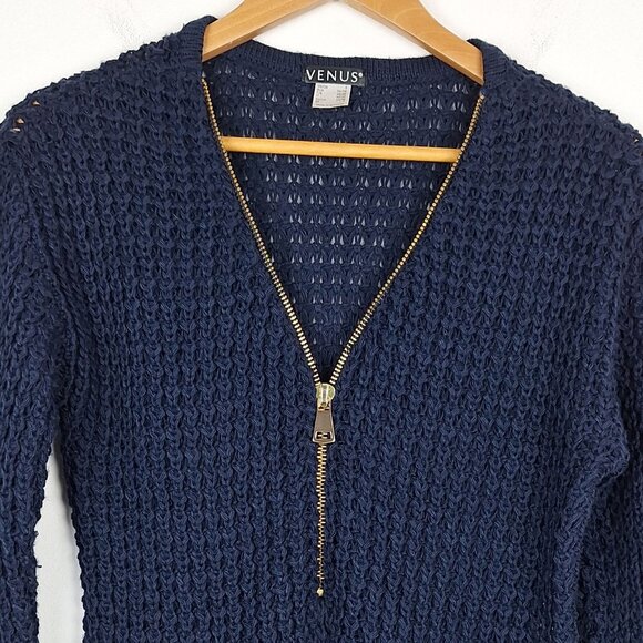 Venus Zip Front Sweater Size S. Navy Blue Long Sleeve Waffle Knit Pullover - Picture 2 of 6